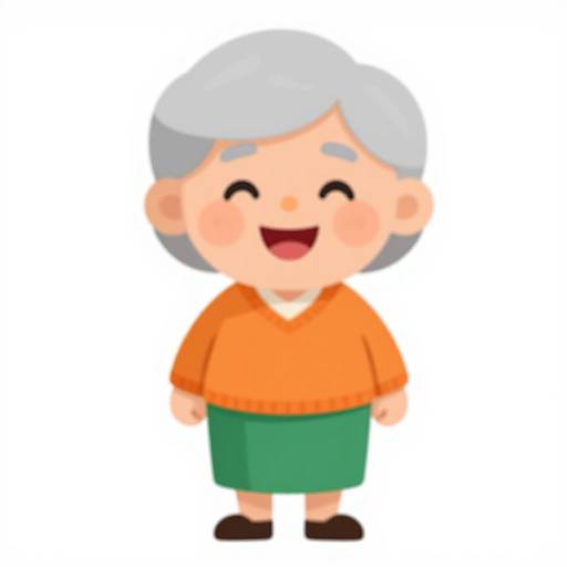 Cartoon-style drawing of an elderly woman with white hair, smiling, wearing an orange sweater, green skirt, and brown shoes.