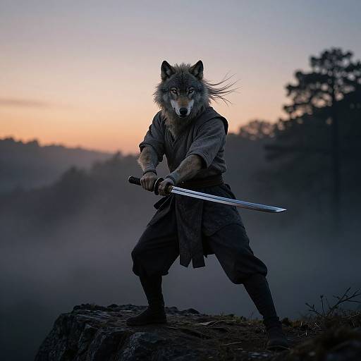 Photograph of anthropomorphic wolf warrior in medieval attire, holding sword, standing on rocky cliff at dusk with misty forest background.
