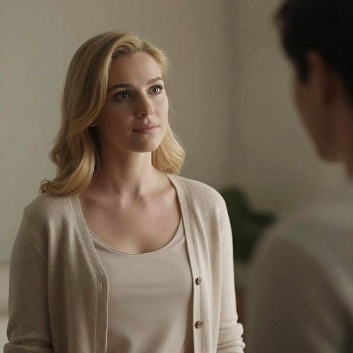 Blonde Woman in Beige Cardigan Talking