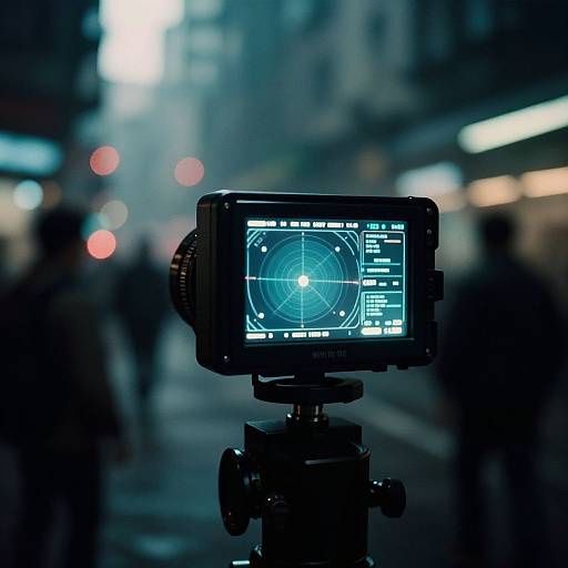 Photograph of a tripod-mounted video camera with a blue-lit screen displaying a circular grid, set against a blurred city street with bokeh lights at