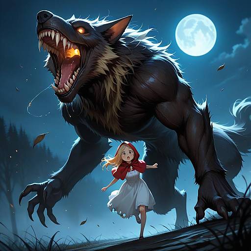 Moonlit Werewolf and Fleeing Red Riding Hood