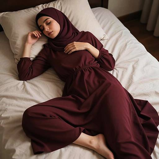 Photograph of a young woman with fair skin, wearing a burgundy hijab and long dress, sleeping on a white bed with her arm over her