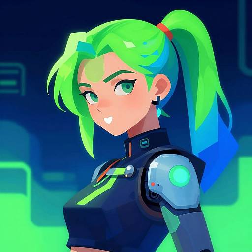 Digital anime-style illustration of a green-haired woman with a ponytail, wearing a black and silver futuristic armor, glowing green accents, and blue earrings,