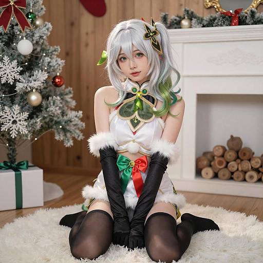 Festive Cosplay Woman Kneeling Indoors