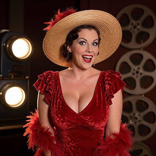 Photograph of a fair-skinned woman with dark hair, red velvet dress, feathered hat, and red feathered sleeves, smiling brightly against a