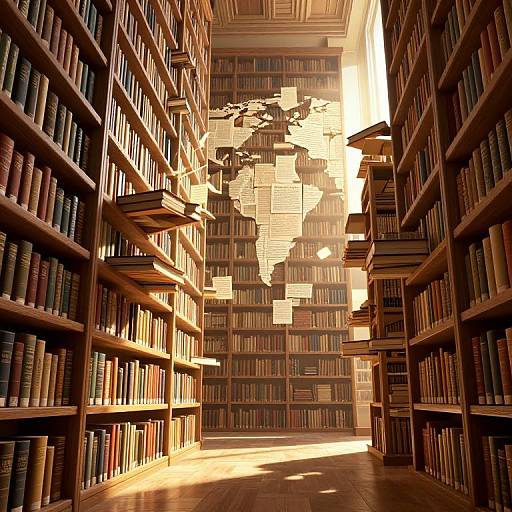 Photograph of a sunlit library aisle with wooden bookshelves, books of various colors, and a large, abstract, bookshelf-shaped shadow on