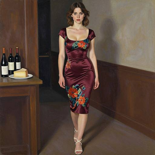 Photograph of a brunette woman in a fitted, dark purple dress with red floral embroidery, standing in a dimly lit room with wooden walls, beside