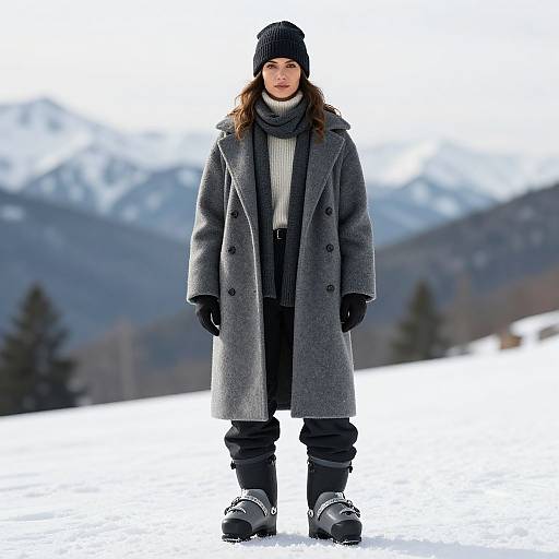 Photograph of a woman in winter attire: gray coat, black beanie, gloves, scarf, black pants, snow boots, standing on snowy mountain