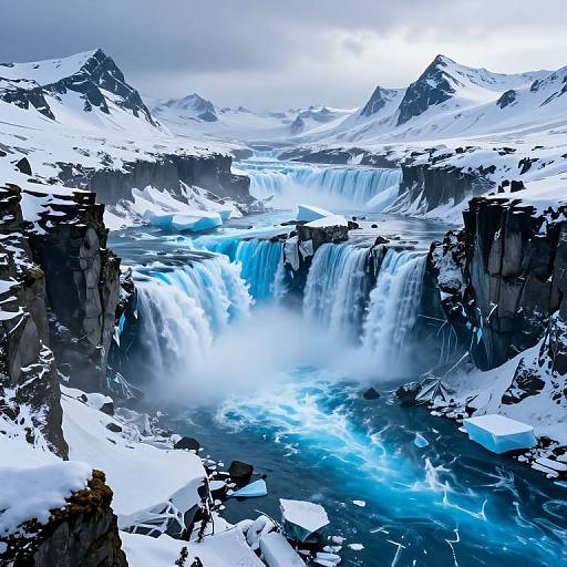 Photograph of a breathtaking glacier waterfall, with cascading icy blue water, surrounded by snow-covered jagged mountains and misty white clouds.