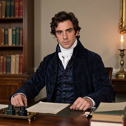 Photograph of a serious, dark-haired man in a 19th-century black suit and white cravat, seated at a wooden desk with books