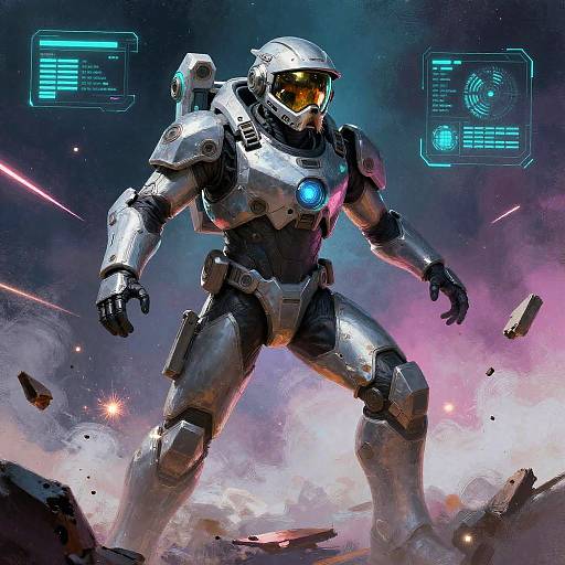 Digital artwork: A futuristic, armored space soldier with glowing blue visor and chest panel, standing amidst a chaotic, explosive space battle scene with debris and