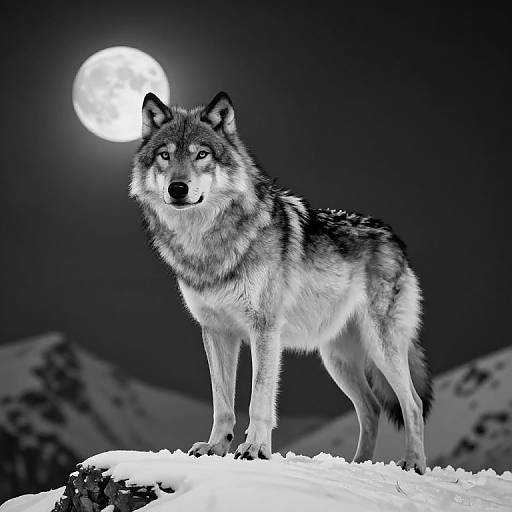 Photograph of a grey wolf standing on snow-covered mountain peak under a full moon in a dark, starless night sky.