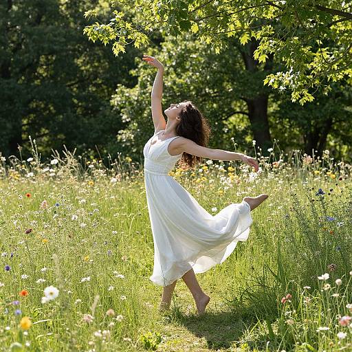 Photograph of a curly-haired woman in a flowing white dress, dancing in a sunlit meadow filled with wildflowers and green grass.