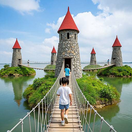 Children Crossing Rope Bridges Among Islands
