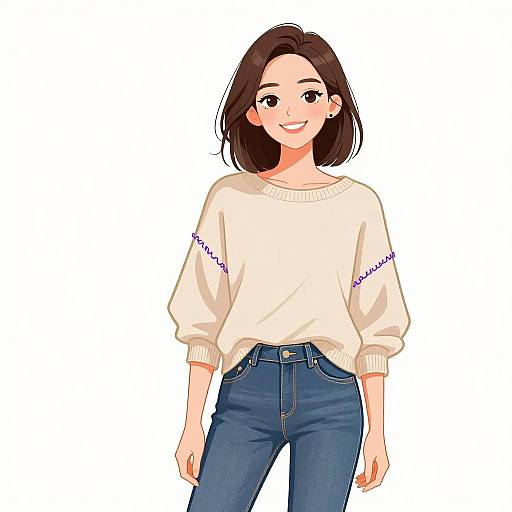 Anime-style digital drawing of a smiling young woman with short brown hair, wearing a cream sweater and blue jeans, standing against a white background.