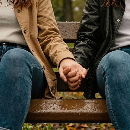 Holding Hands on Rainy Park Bench