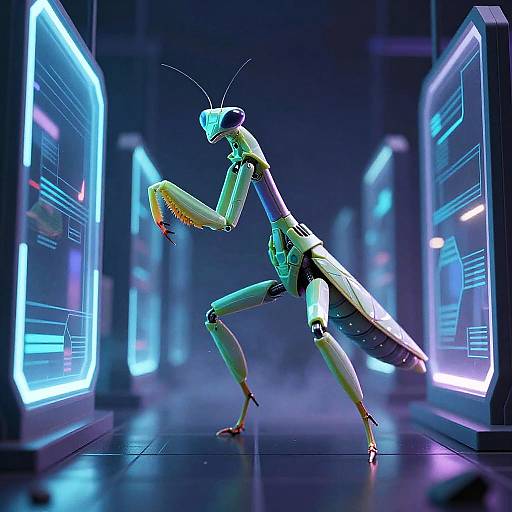 CGI image of a futuristic, glowing robotic mantis in a neon-lit sci-fi hallway, poised in a crouched, alert stance.