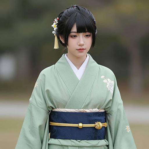 Woman in Traditional Japanese Kimono Outdoors