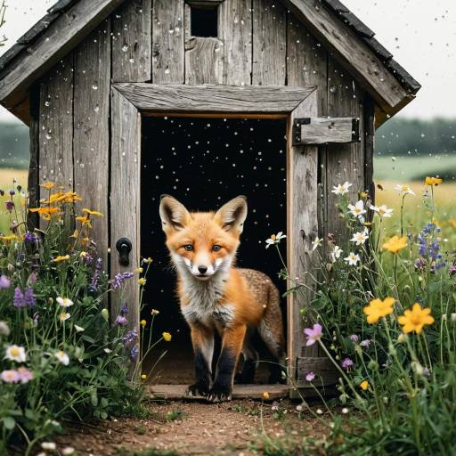 Fox Cub Emerging from Wooden House