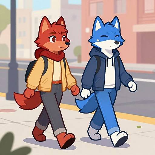 Digital drawing of two anthropomorphic foxes walking on a sunny city street. Red fox in yellow jacket and blue fox in navy hoodie, both smiling.