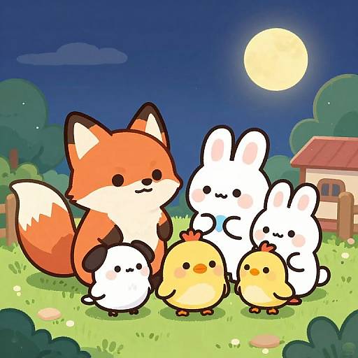 Cute Cartoon Pets on Moonlit Farm