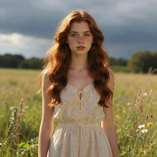 Photograph of a young woman with long, wavy red hair, wearing a beige lace dress, standing in a sunlit meadow with wildflowers