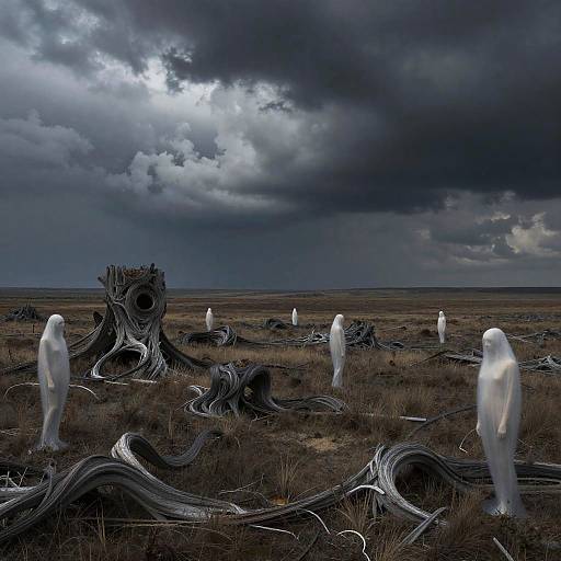Digital art: Mysterious, ghostly white figures stand among twisted, black tree stumps in a dark, stormy, grassy field under a
