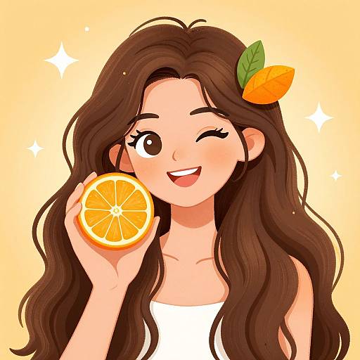 Digital anime-style illustration of a smiling young woman with long brown hair, winking, holding an orange slice, orange leaf in hair.