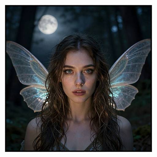 Photograph of a young woman with wet, wavy brown hair and glowing blue fairy wings, standing in a dark forest at night with a full moon