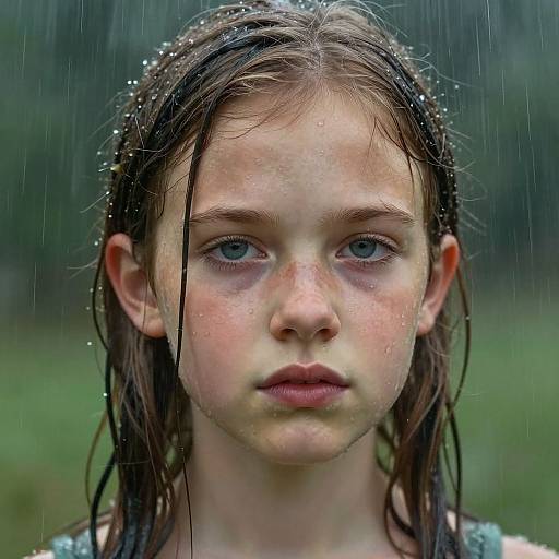 Photograph of a young girl with wet, dark brown hair, blue eyes, and fair skin, standing in the rain, with raindrops on her