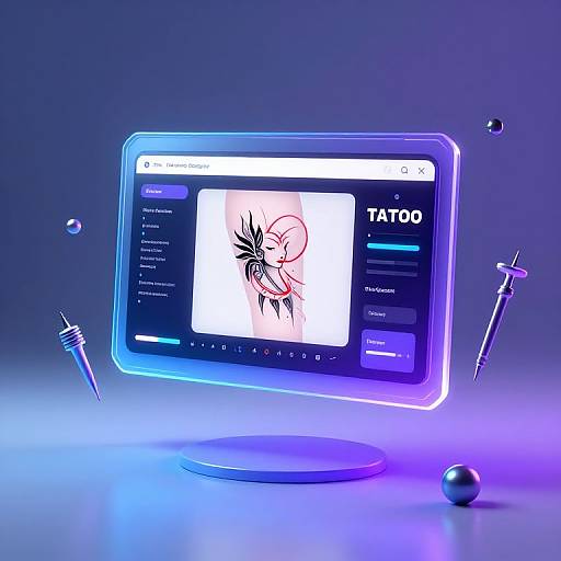 Digital illustration of a glowing, neon blue and purple monitor displaying a minimalist line drawing of a face with foliage, surrounded by syringes and a ball