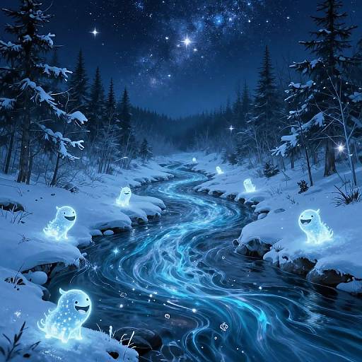 Digital artwork of a snowy, starry night forest with glowing blue ghost-like spirits floating around a luminous, winding stream.