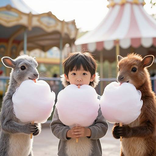 Whimsical Animals Enjoying Cotton Candy