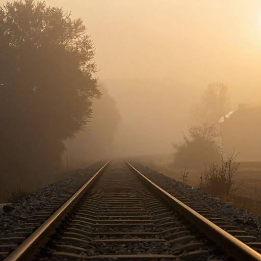 Photograph of a misty railway track at sunrise, with silhouetted trees on either side, creating a serene, ethereal atmosphere.