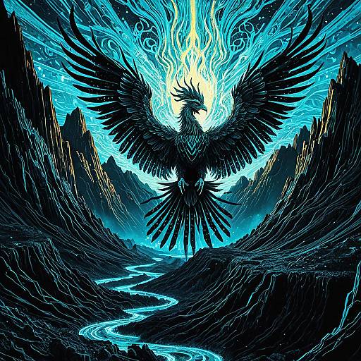 Crystalline Phoenix Above Neon Volcanic Ridge