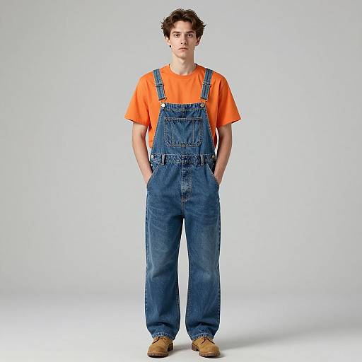 Young Man in Denim Overalls and Orange Shirt