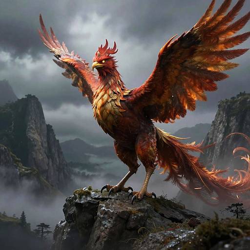 Digital artwork of a fierce, fiery-red phoenix with large wings and glowing eyes, standing on a rocky peak against a stormy mountain backdrop.