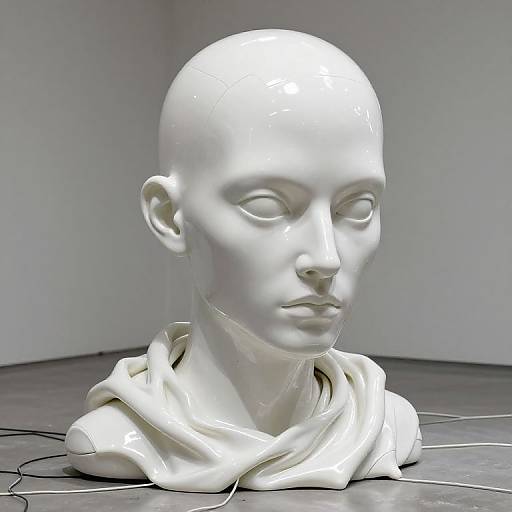 Photograph of a sleek, white, bald, and featureless human head sculpture with a draped hood, set against a minimalistic gray background.