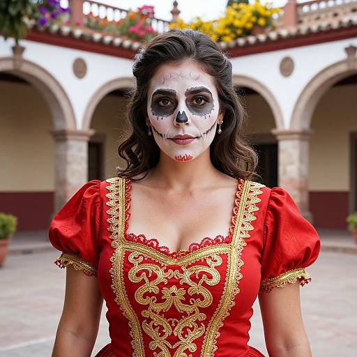 Photograph of a woman with dark hair, white sugar skull face paint, and red, gold-embroidered dress, standing in a courtyard with