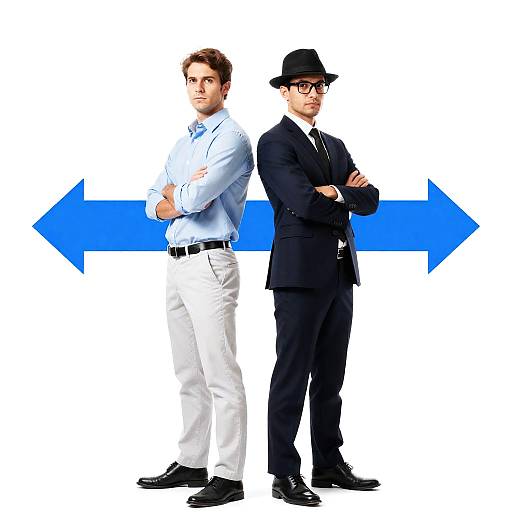 Two men standing back-to-back with directional arrows