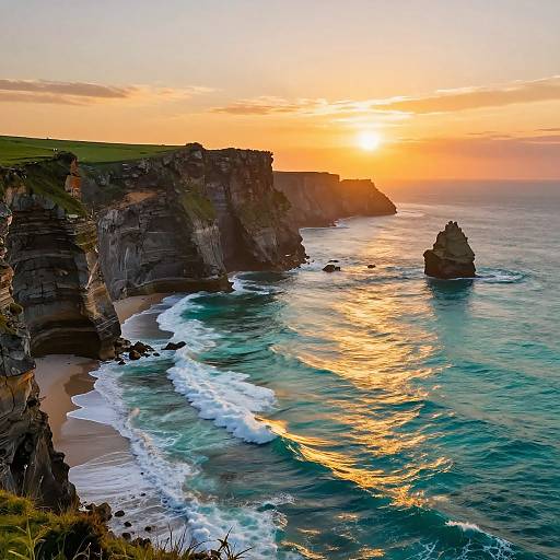 Photograph of a stunning coastal sunset: golden sun over turquoise waves, rugged cliffs with green grass, and a rocky outcrop.