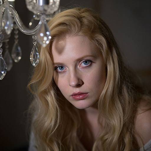 Close-up photograph of a blonde woman with blue eyes, fair skin, and wavy hair, looking intently forward, with a crystal chandelier in