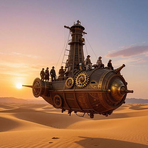 Photograph of a steampunk airship with gears and brass accents, flying over a golden desert at sunset, six people in hats on board.