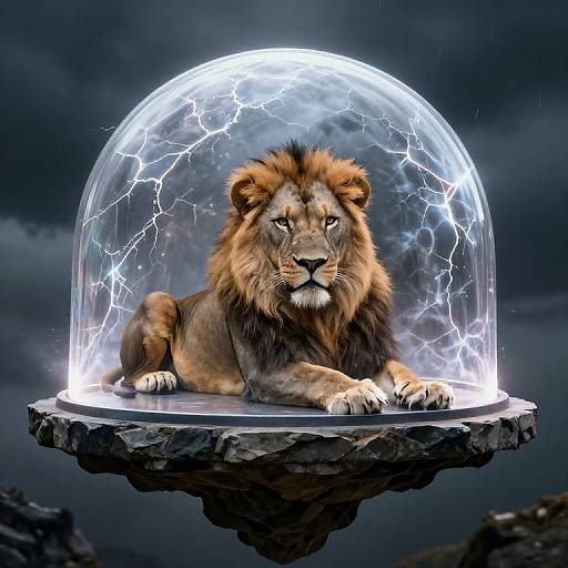 Photorealistic digital art of a majestic lion with a glowing, lightning-encrusted dome surrounding it, floating above a rocky pedestal against a dark