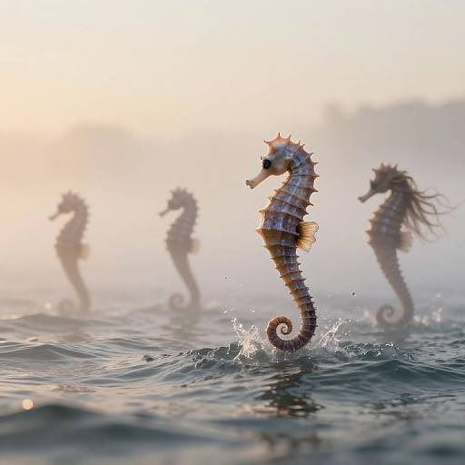 Photograph of a detailed seahorse emerging from ocean water with three blurred seahorses in the misty background, sunlit.