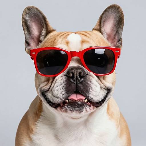 Photograph of a brown and white French Bulldog wearing large, bright red, oversized sunglasses against a plain white background.
