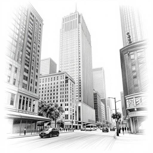 Black-and-white digital drawing of a bustling city street with tall skyscrapers, parked cars, pedestrians, palm trees, and a bus.