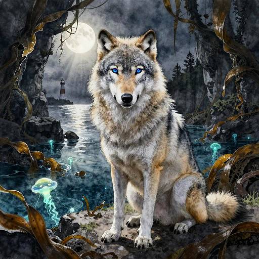 Moonlit Sapphire-Eyed Majestic Wolf Portrait