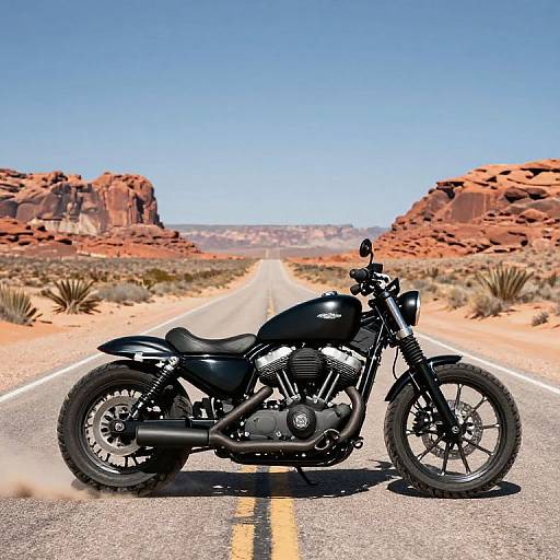 Photograph of a black motorcycle with chrome details parked on a desert road, surrounded by red rock formations under a clear blue sky.