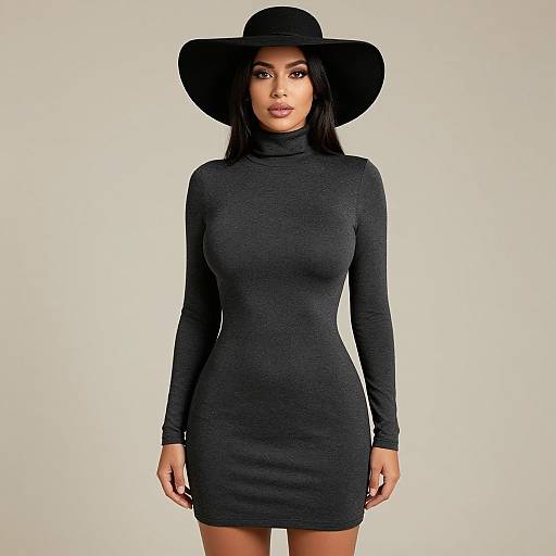 Photograph of a stylish woman with medium brown skin, wearing a tight, long-sleeve black turtleneck mini dress and wide-brimmed